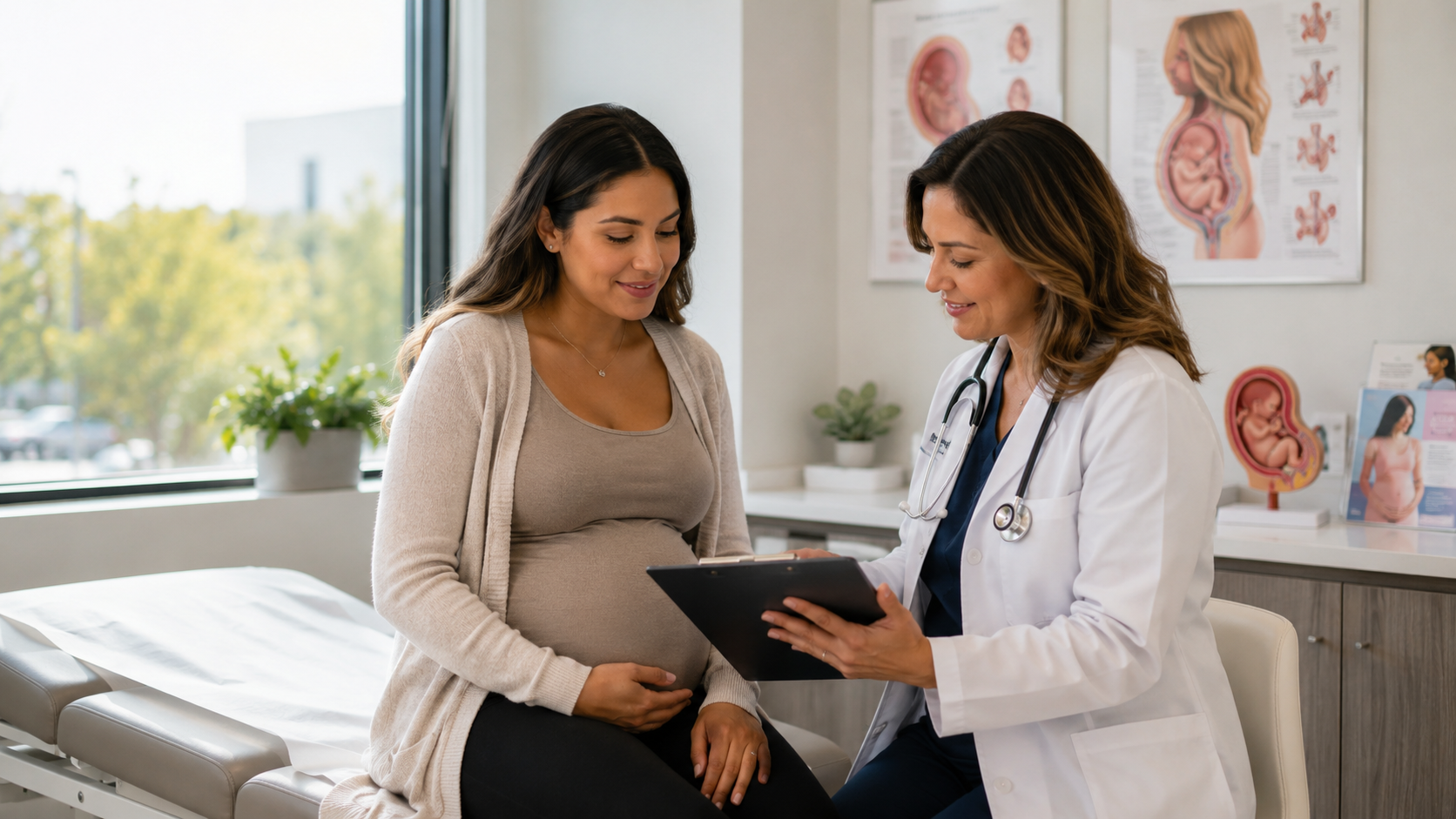 Create a realistic 16:9 banner image for a prenatal care blog. Show a calm pregnant patient sitting in a bright OB-GYN exam room with a provider reviewing a clipboard. The mood should be warm, professional, reassuring, and modern. Include soft natural lighting, clean medical office details, and subtle pregnancy education materials in the background. No visible logos, no text overlay. ALT text: prenatal visit questions for first prenatal appointment in Coral Springs Florida