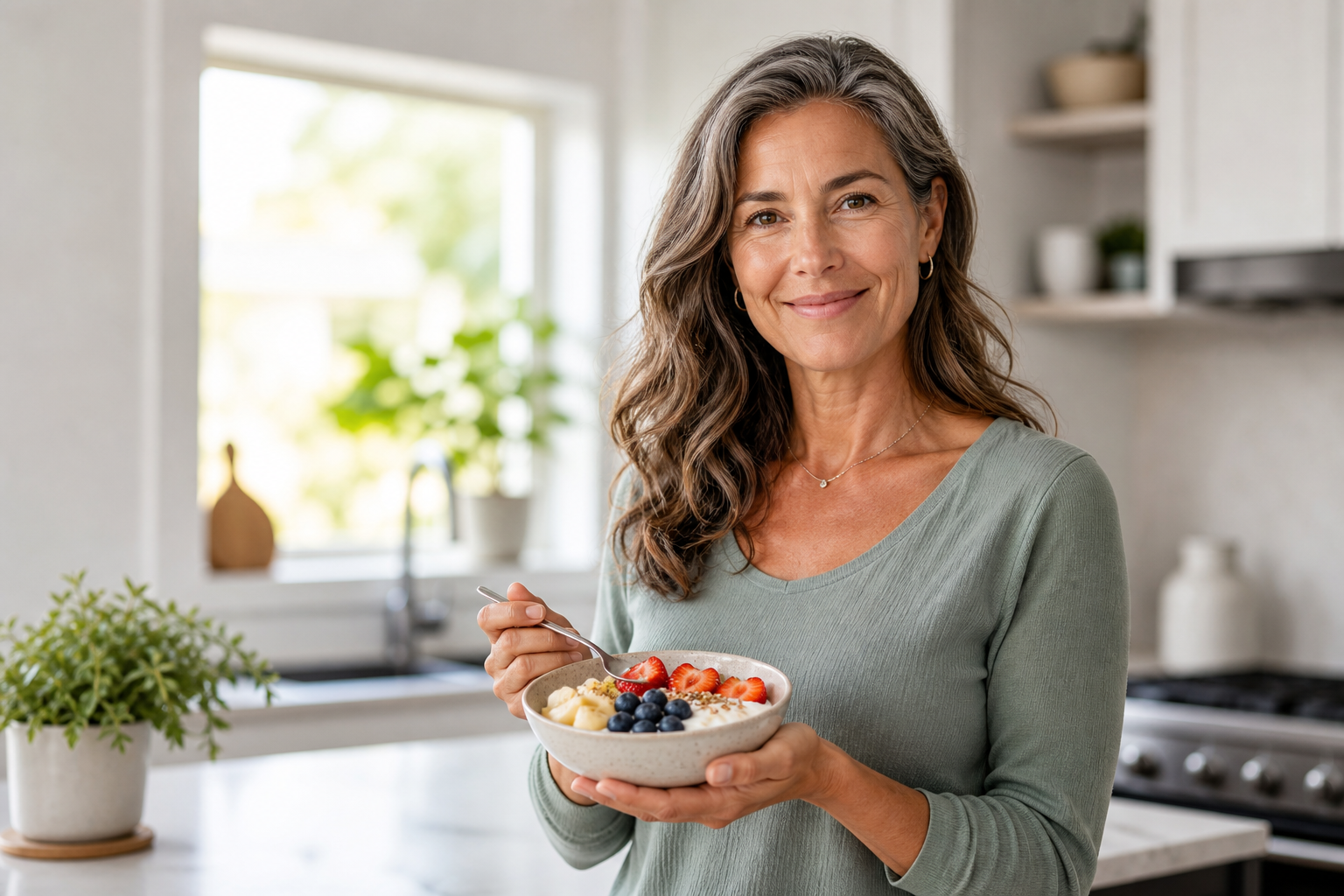 Menopause Diet Tips - A woman smiling while holding a bowl of colorful salad, emphasizing healthy eating during menopause.
