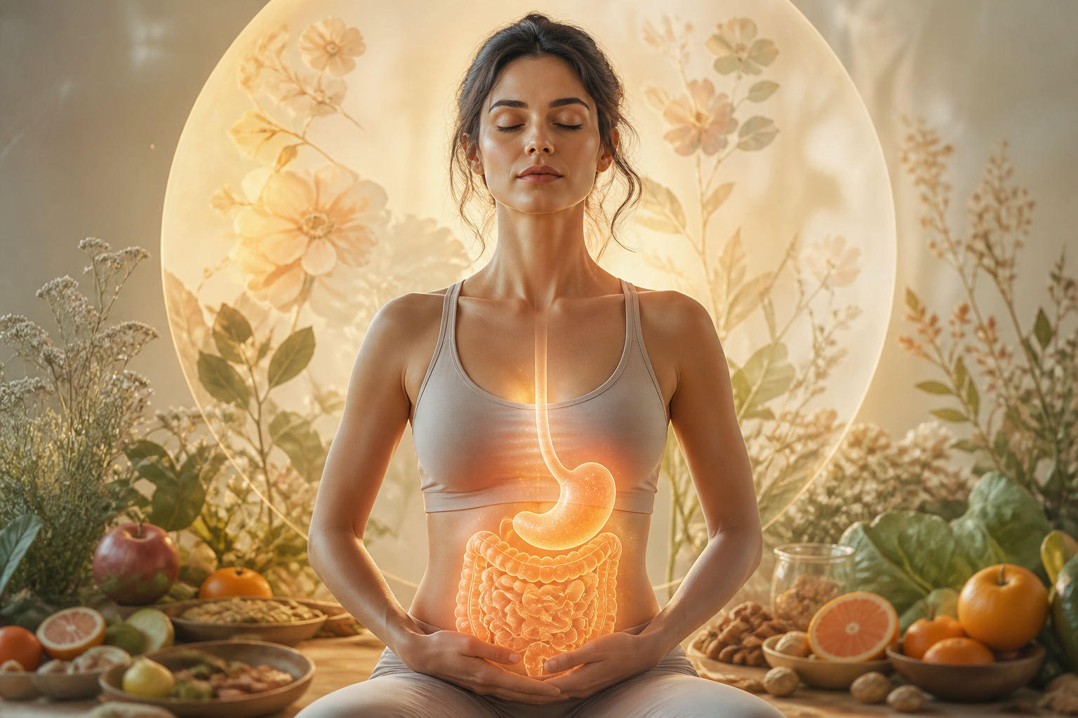 A woman holding her stomach, illustrating common symptoms of unhealthy Women's Gut Health