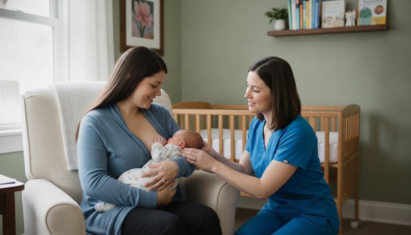 Mother and baby demonstrating a comfortable side-lying breastfeeding position for new mothers
