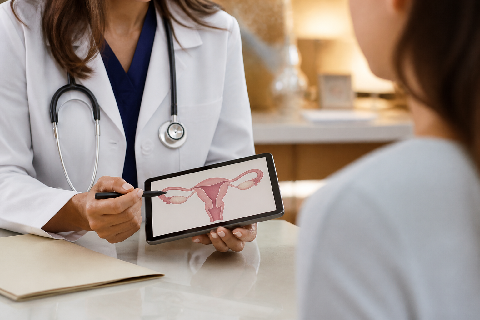 Woman reviewing GYN procedure facts in a calm clinic environment
