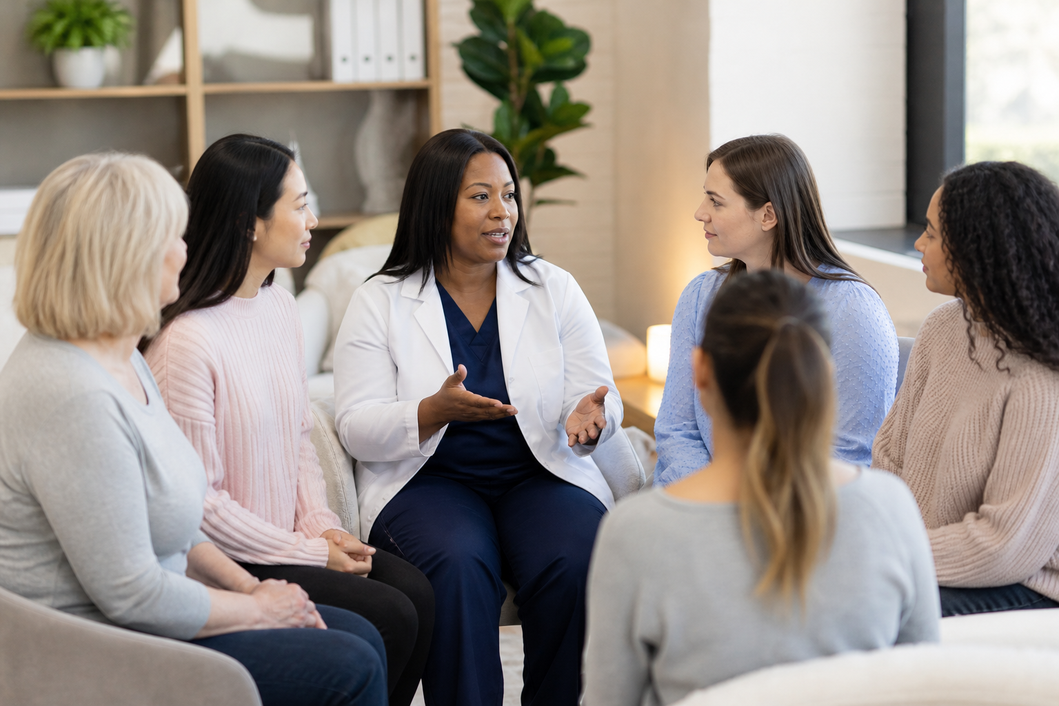 Diverse women gaining period cycle understanding through shared knowledge and support.